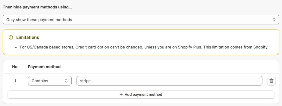 Action Afficher uniquement ces modes de paiement