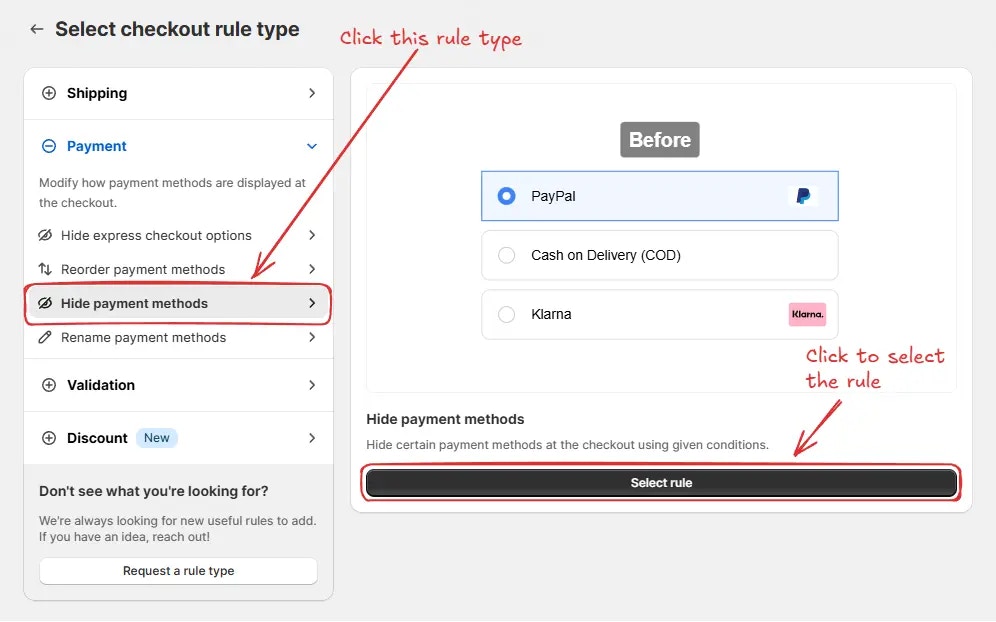 Sélectionner Masquer les modes de paiement