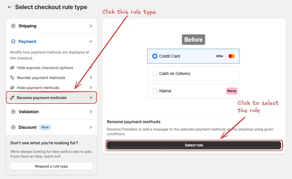 Sélectionner Renommer les modes de paiement
