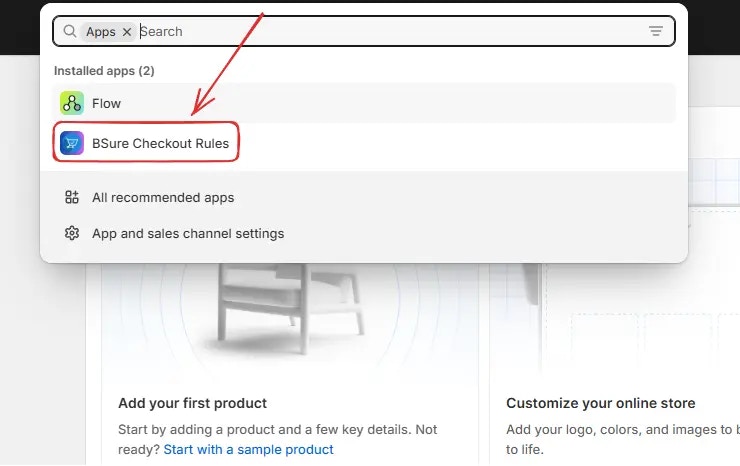 Administration Shopify Cliquer sur BeSure App