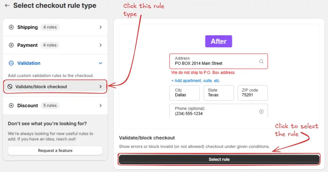 Sélectionner la règle de validation/blocage
