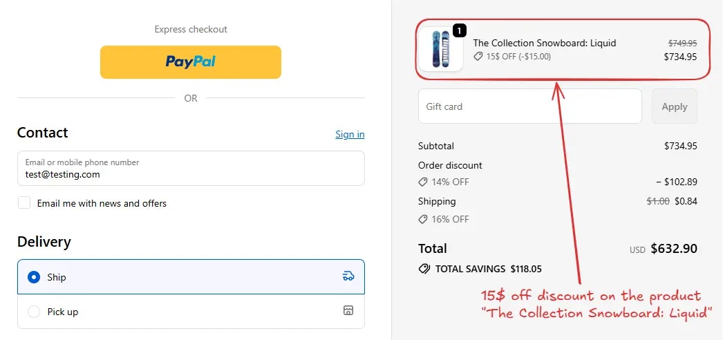 15ドルの商品割引が適用されたチェックアウト画面