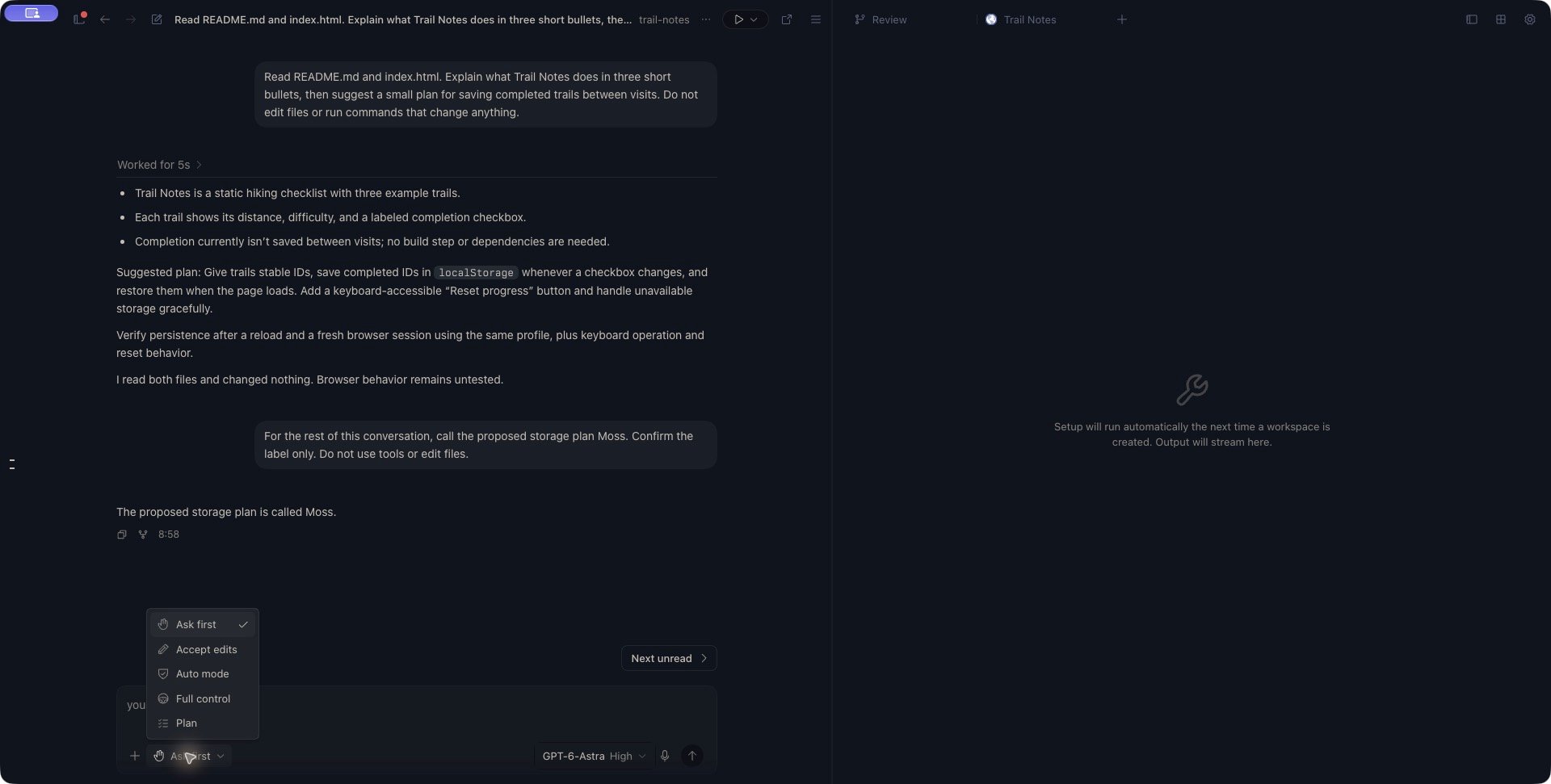 Full Zen workspace with the permission menu open and Ask first selected in the Trail Notes conversation.