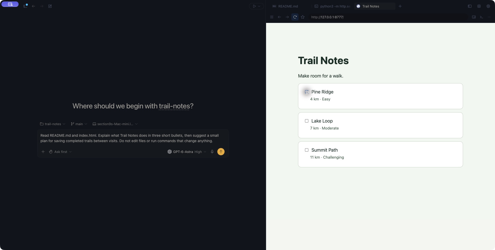 Zen workspace with the Trail Notes app loaded at 127.0.0.1:8777 in the right panel, alongside a draft prompt and file and terminal tabs.