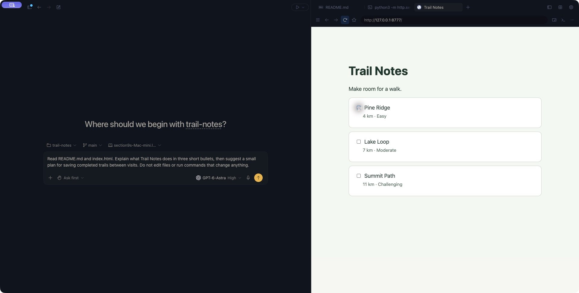 Zen workspace with the Trail Notes app loaded at 127.0.0.1:8777 in the right panel, alongside a draft prompt and file and terminal tabs.