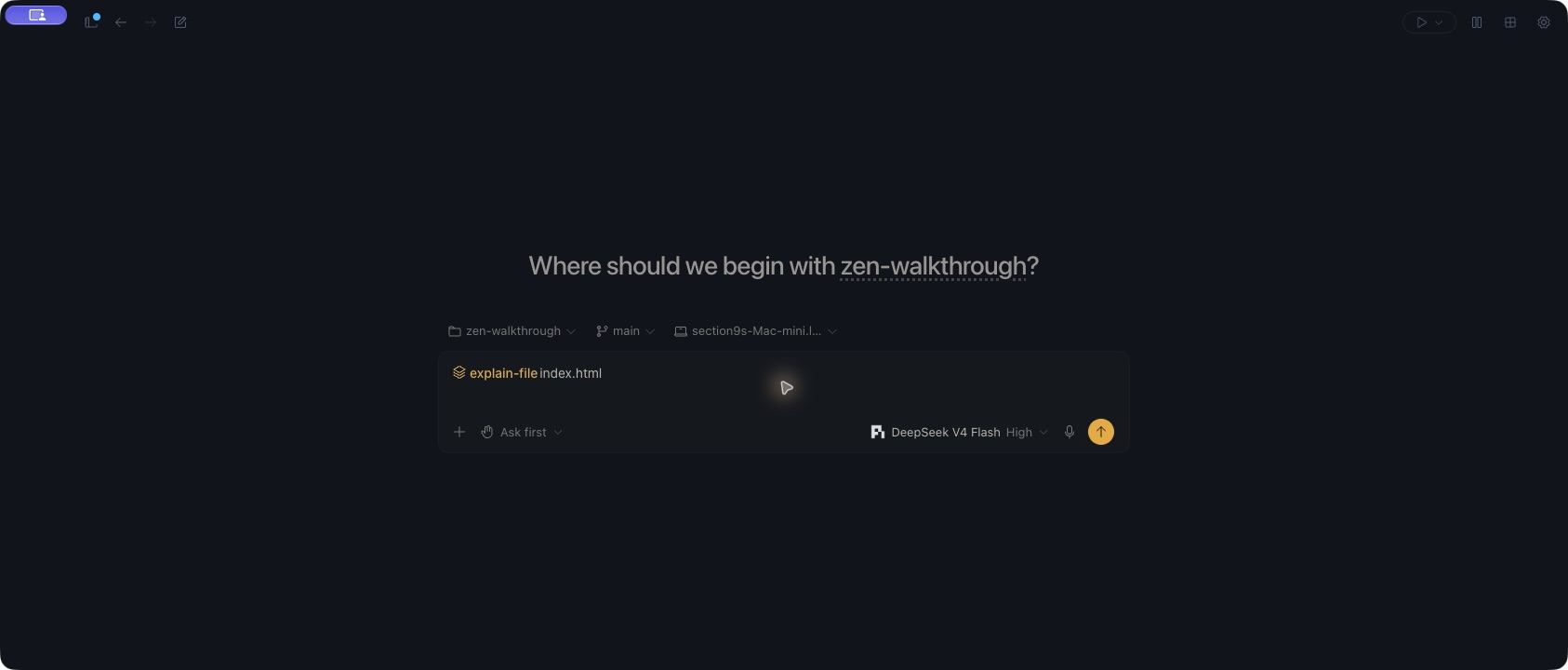 An unsent Zen draft contains the explain-file command chip followed by index.html. Pi and DeepSeek V4 Flash are selected with Ask first permissions.
