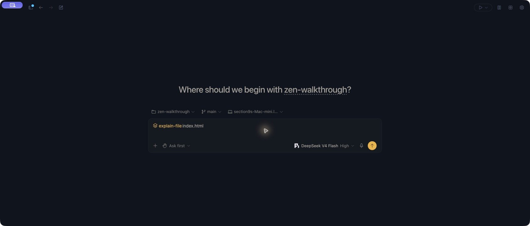 An unsent Zen draft contains the explain-file command chip followed by index.html. Pi and DeepSeek V4 Flash are selected with Ask first permissions.