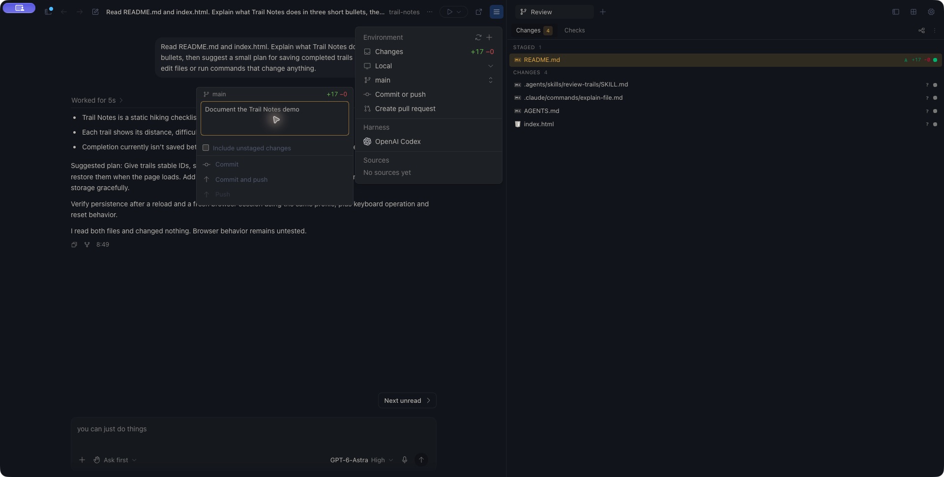 Commit or push menu with Document the Trail Notes demo as the message and Include unstaged changes unchecked.