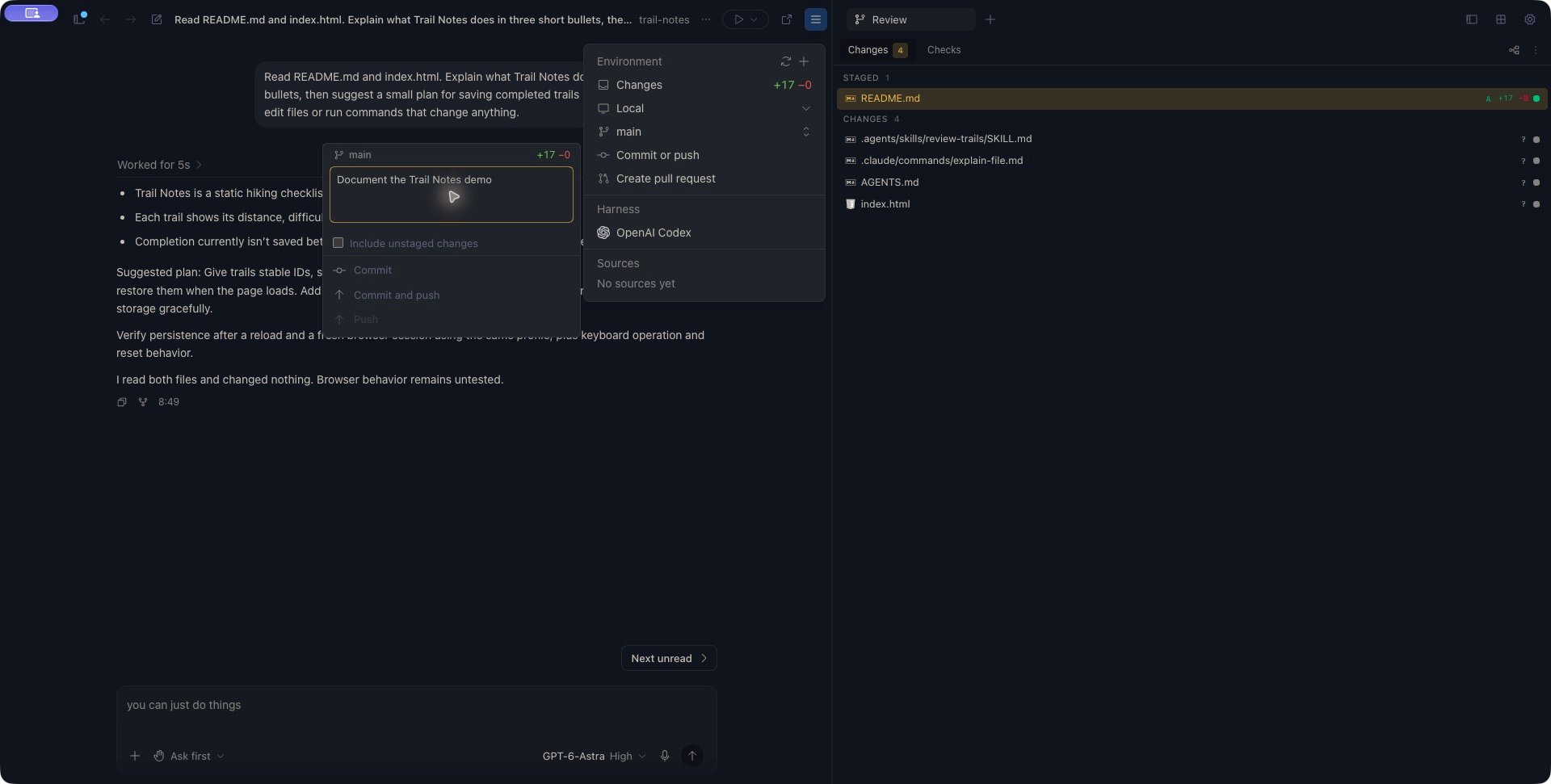Full Zen workspace with the commit menu beside Review: README.md is staged and four other files remain under Changes.