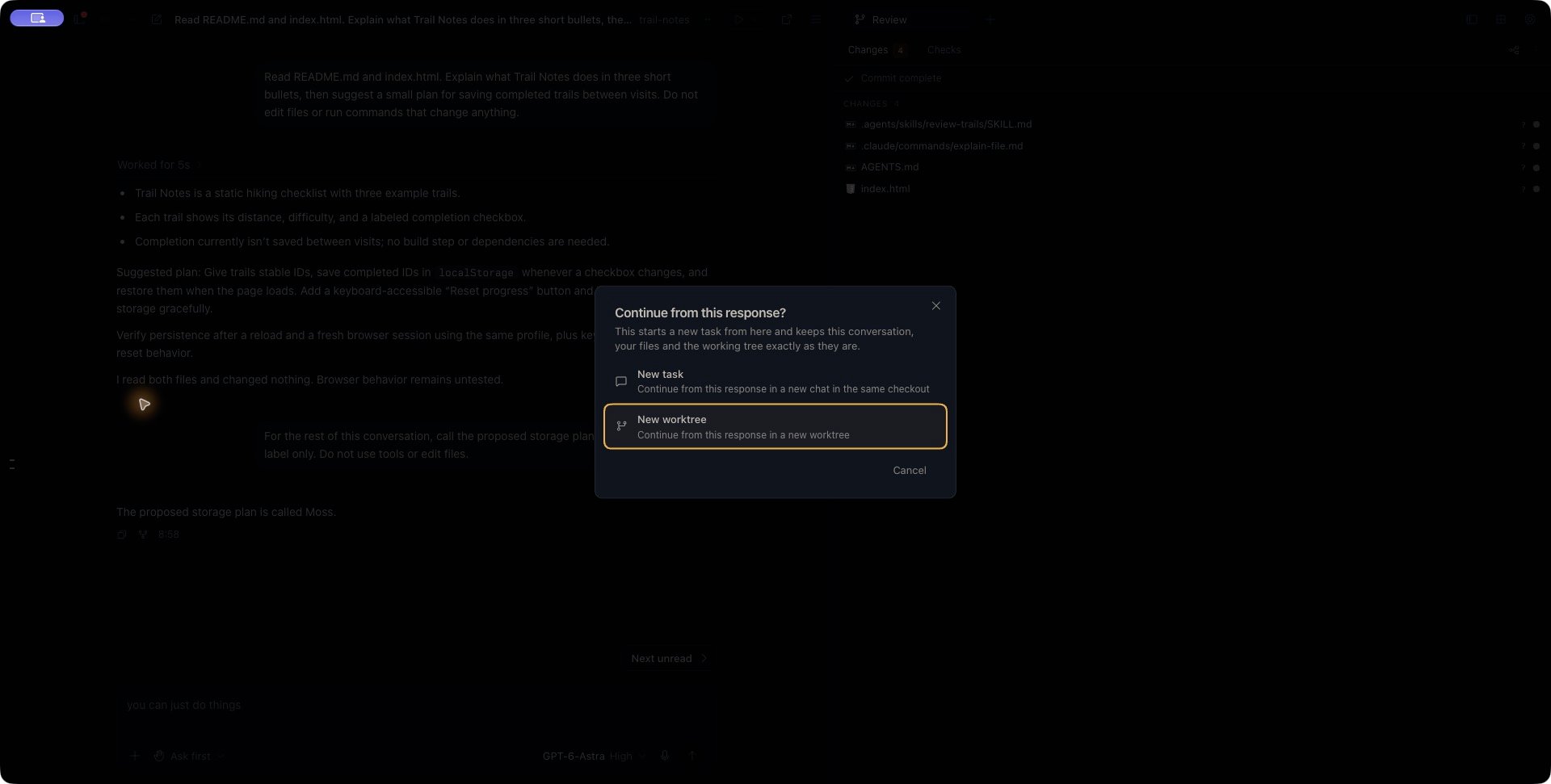 Full Zen workspace with the continuation dialog over the completed Trail Notes conversation and Review.