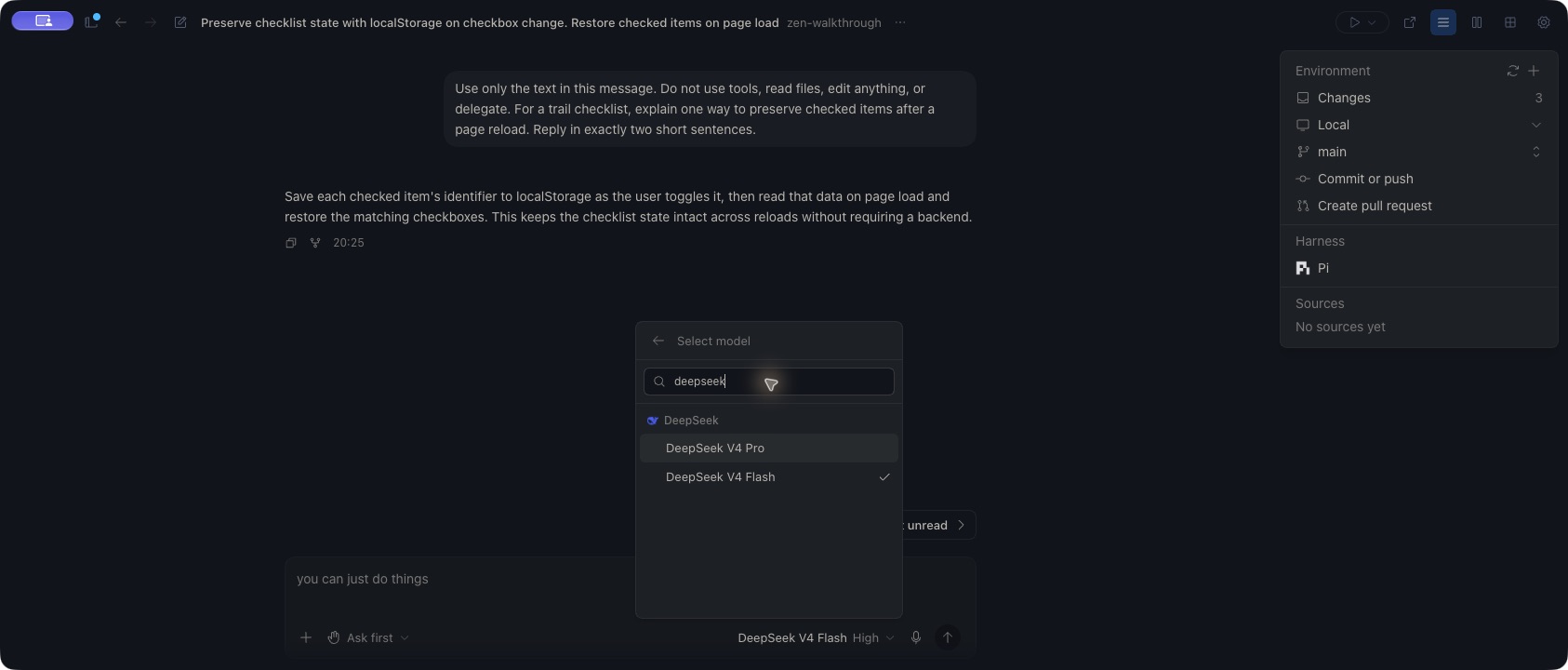 Completed two-sentence response in Zen, with Pi shown in the harness summary and DeepSeek V4 Flash checked under the DeepSeek provider heading in the model picker.