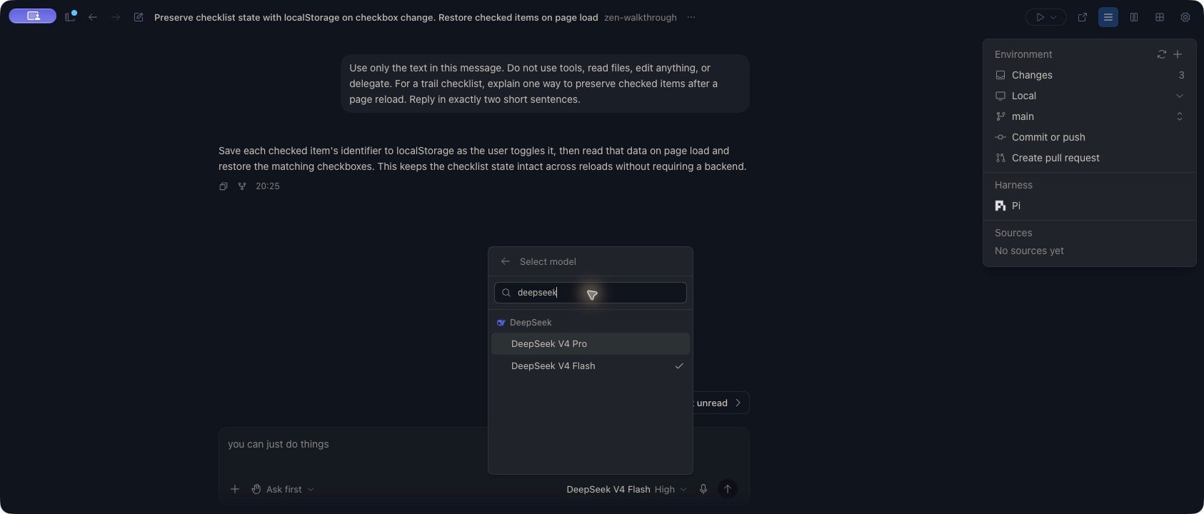 Completed two-sentence response in Zen, with Pi shown in the harness summary and DeepSeek V4 Flash checked under the DeepSeek provider heading in the model picker.