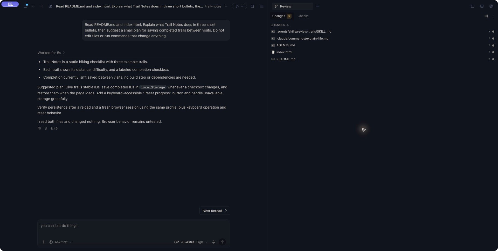 Trail Notes conversation in Zen with an agent explanation and storage plan beside the Review file list.