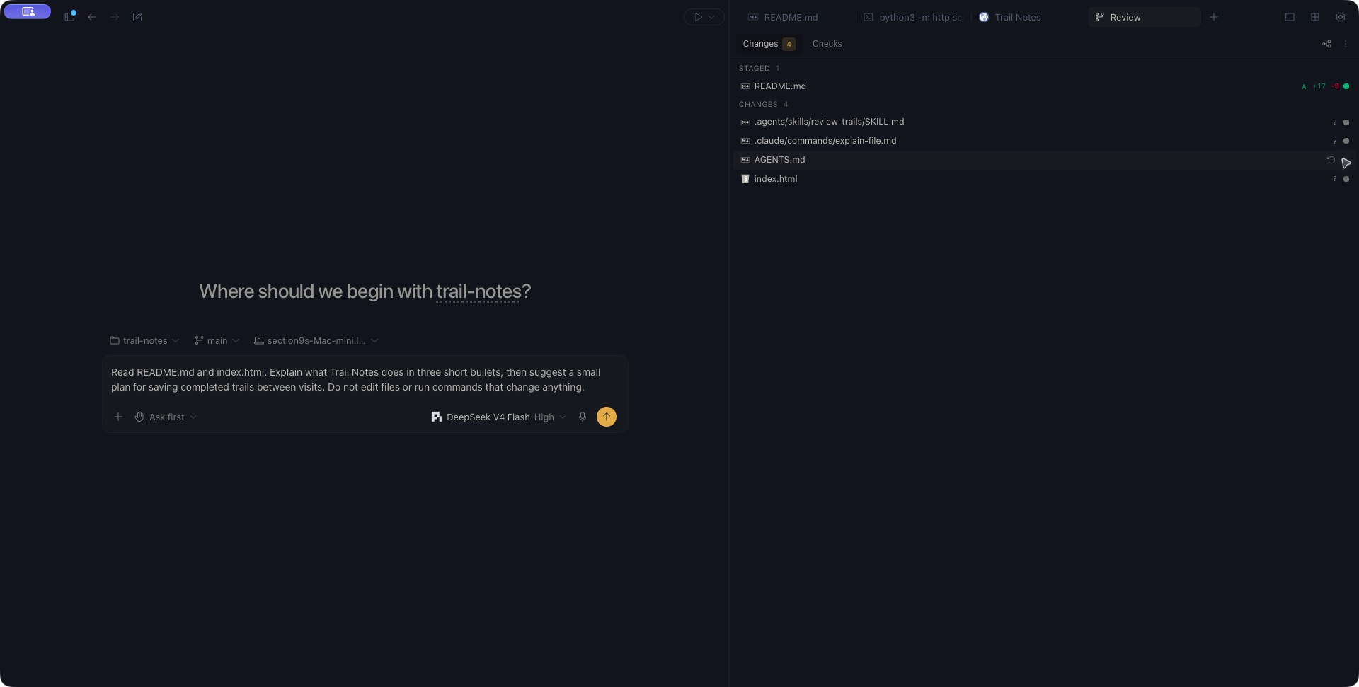 Review Changes tab showing README.md under Staged and four files under Changes: a skill, a command, AGENTS.md, and index.html.