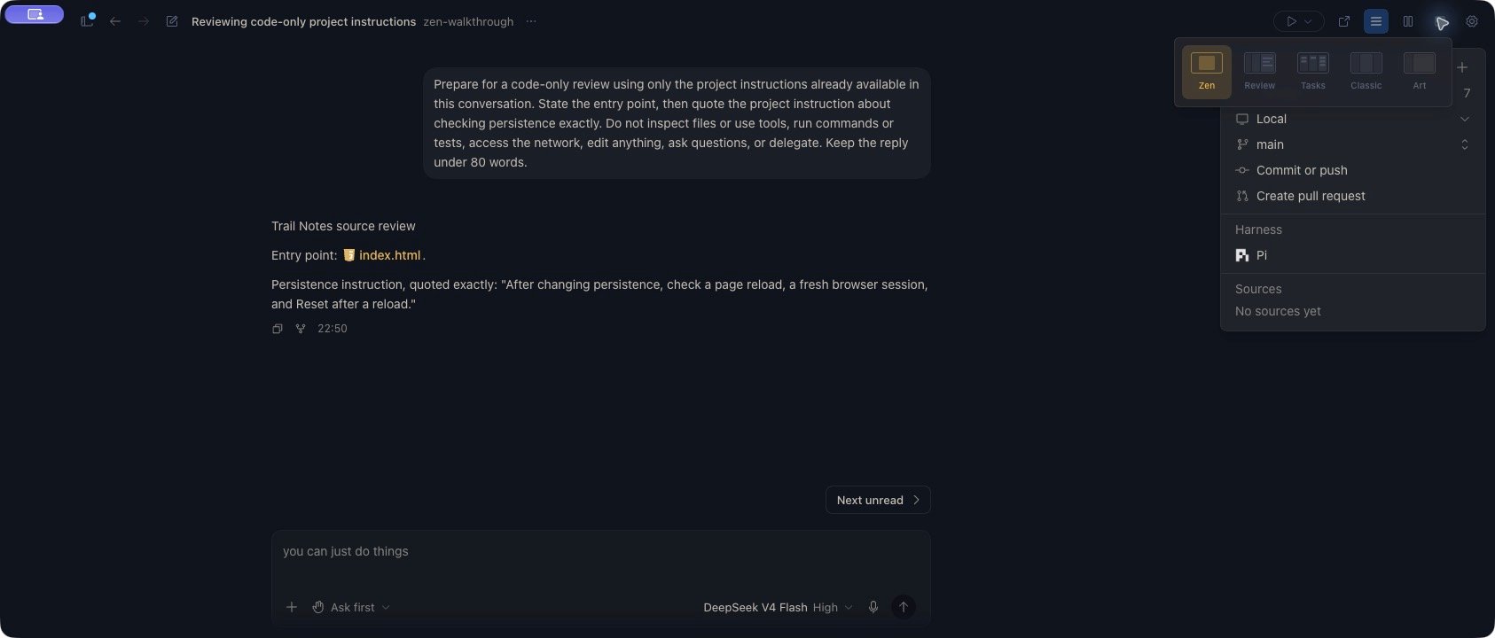 The layout menu shows Zen highlighted, followed by Review, Tasks, Classic, and a disabled Art option.