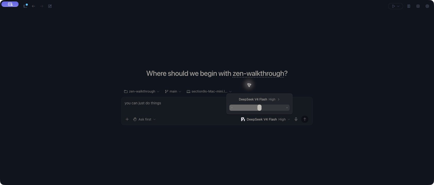 An empty zen-walkthrough draft shows its project, branch and device above the composer, Ask first permissions, and the Pi DeepSeek V4 Flash High reasoning control open.