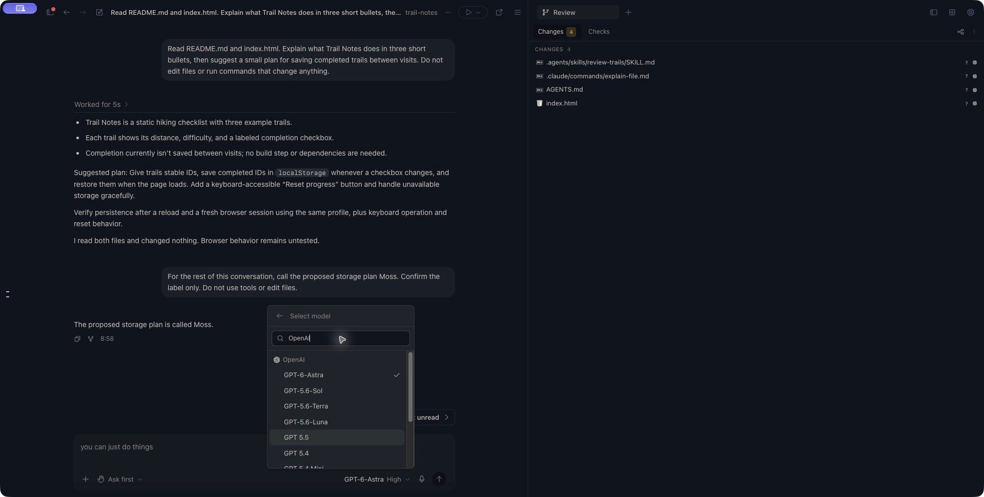 Full Zen workspace with an OpenAI model search in the existing Trail Notes conversation.