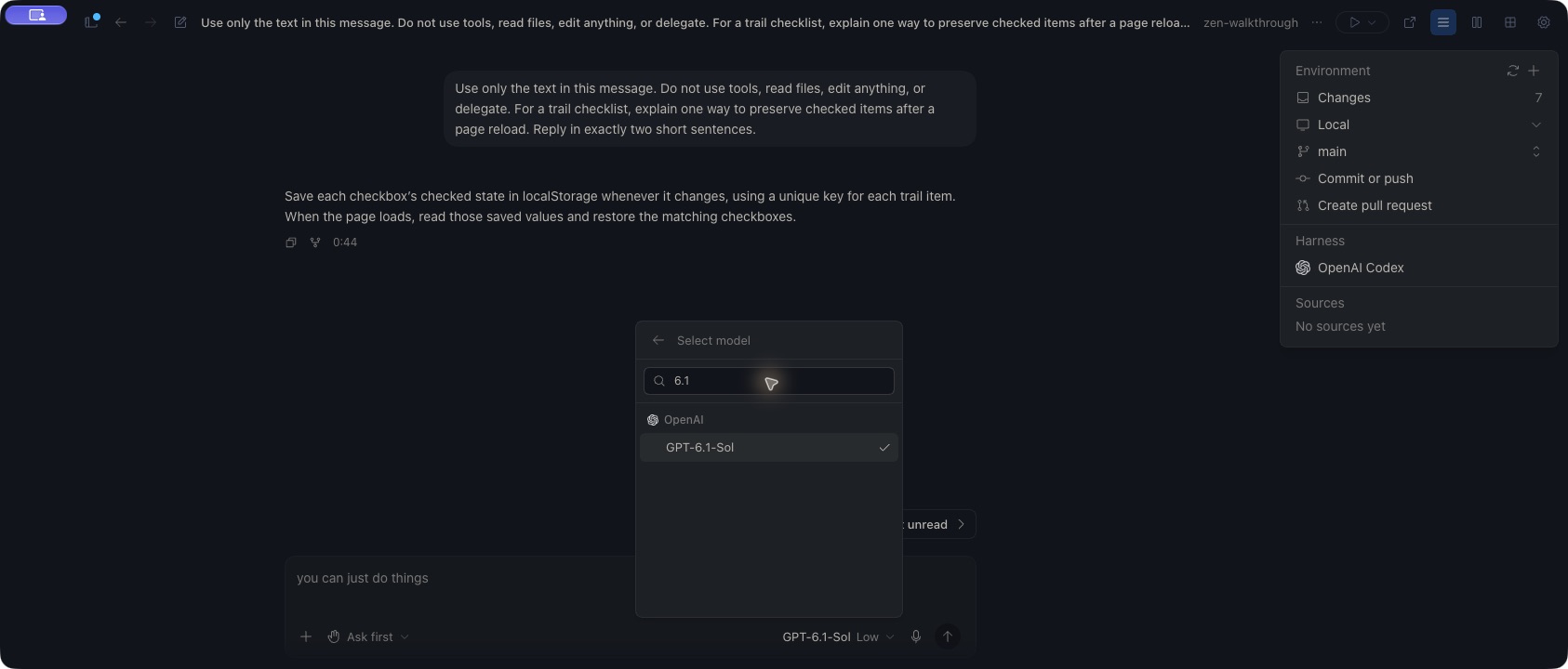Completed two-sentence response in Zen, with OpenAI Codex in the harness summary, GPT-6.1-Sol checked under OpenAI in the model picker, and Low reasoning in the composer.