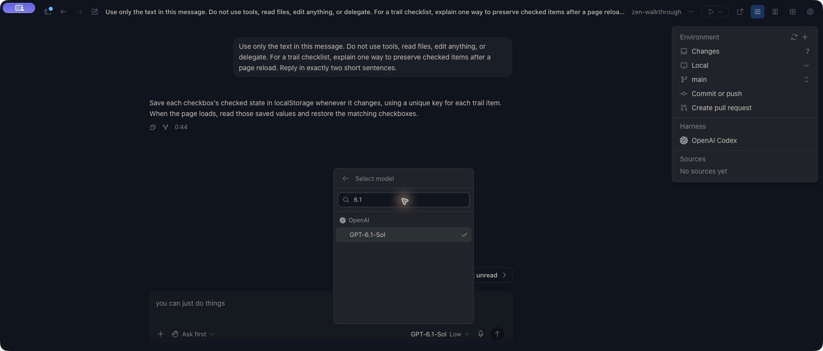 Completed two-sentence response in Zen, with OpenAI Codex in the harness summary, GPT-6.1-Sol checked under OpenAI in the model picker, and Low reasoning in the composer.