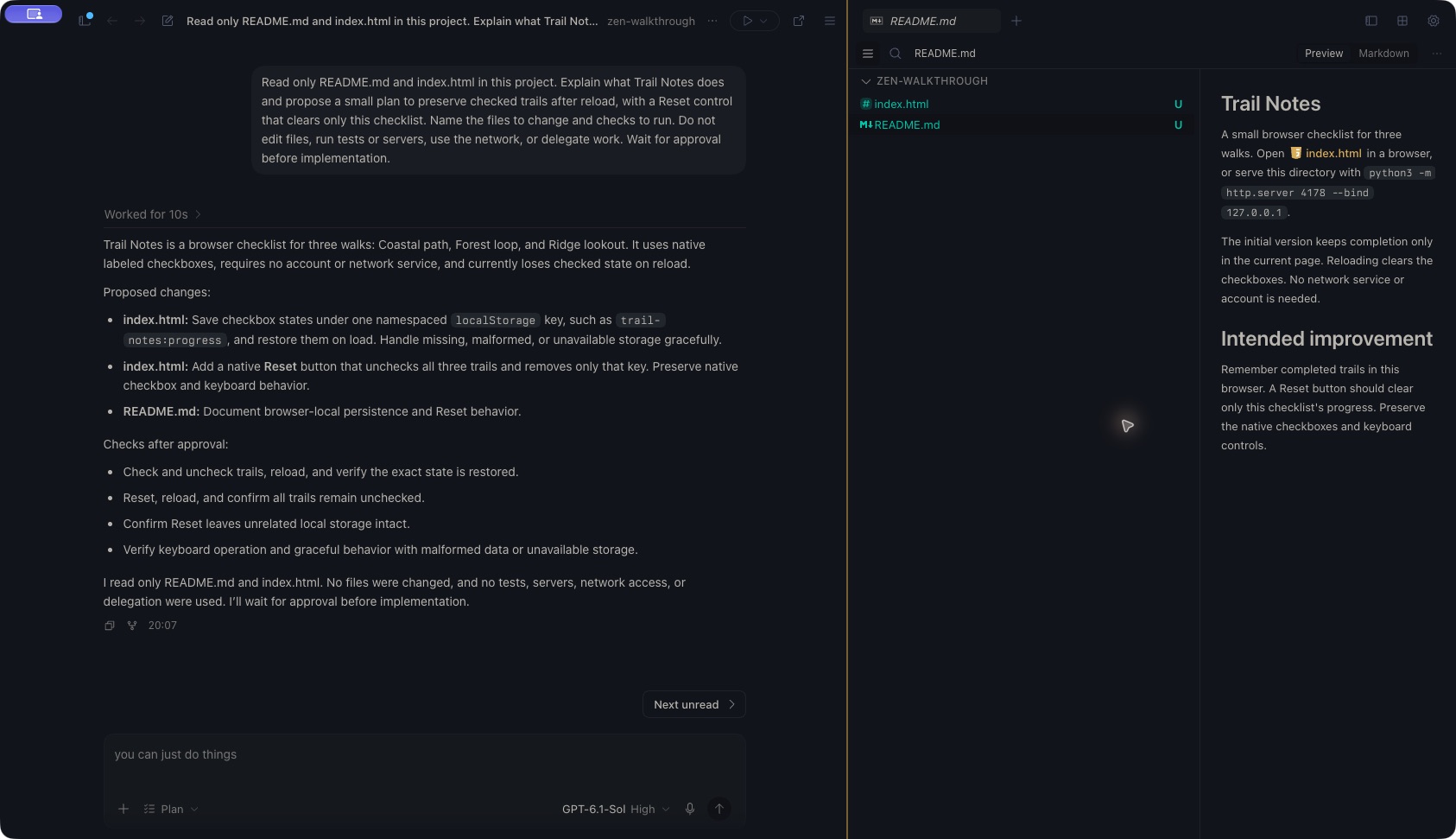Completed Trail Notes planning response in Zen with Plan selected, an empty composer, and the README open beside the conversation.
