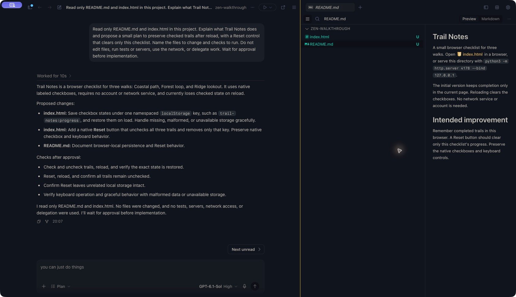 Completed Trail Notes planning response in Zen with Plan selected, an empty composer, and the README open beside the conversation.