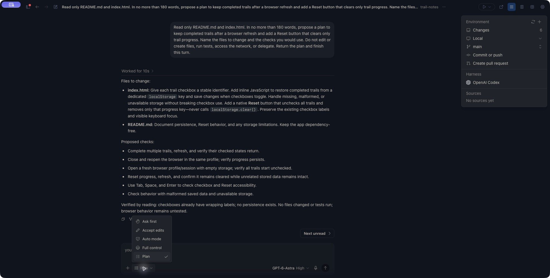 A completed Trail Notes proposal in Zen names index.html and README.md, lists proposed checks, and leaves Plan selected in the normal composer.