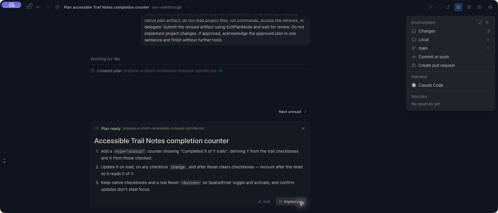 A pending Plan ready card in the Zen composer, with Claude Code identified as the harness in the environment summary.