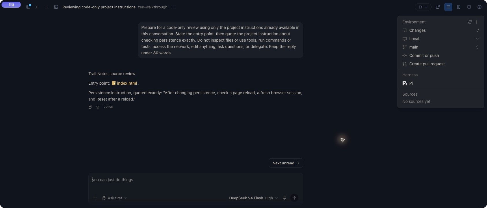 Zen shows a completed project-instruction check using Pi and DeepSeek V4 Flash. The request does not supply the expected instruction; the response quotes it and the composer is idle.