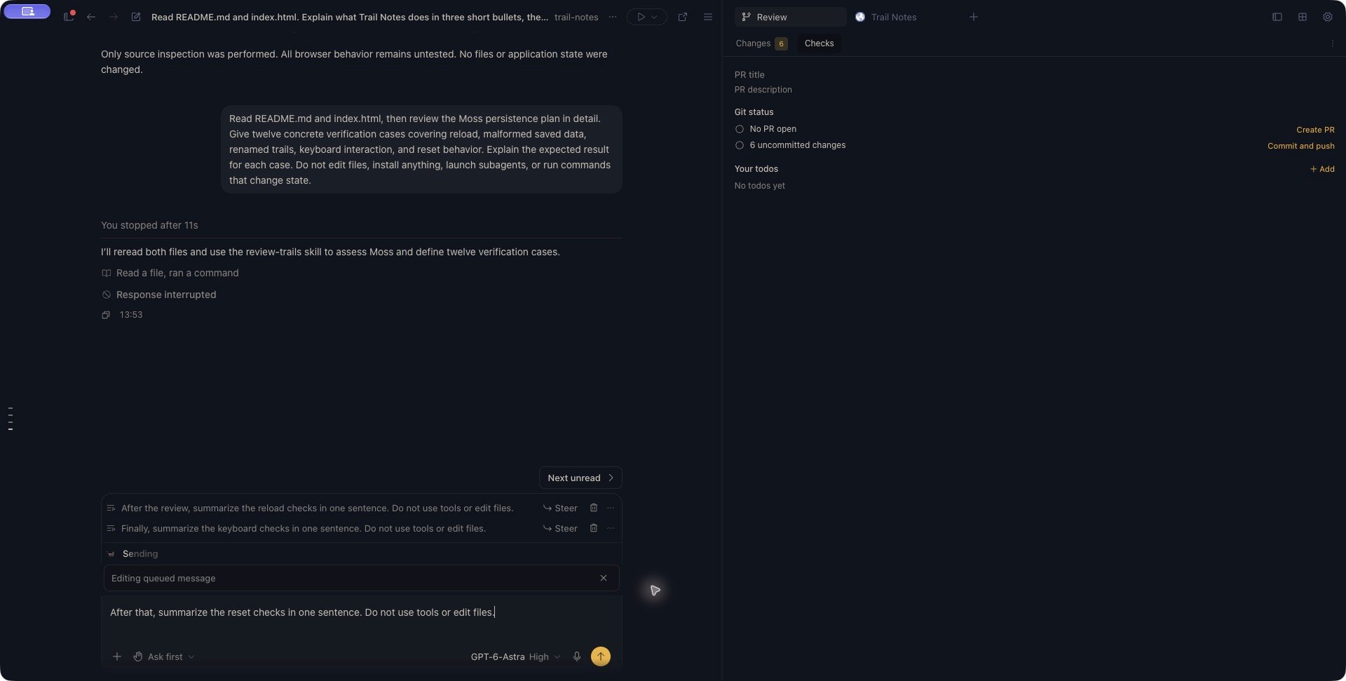 Full Zen workspace showing an interrupted Trail Notes response, two retained follow-ups and a reset instruction open for editing, with Review on the right.