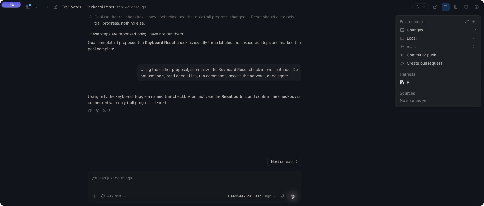 Trail Notes — Keyboard Reset is open in Zen after restoration. A follow-up asks for a one-sentence summary of the earlier keyboard Reset proposal, and the completed response appears above the idle composer.