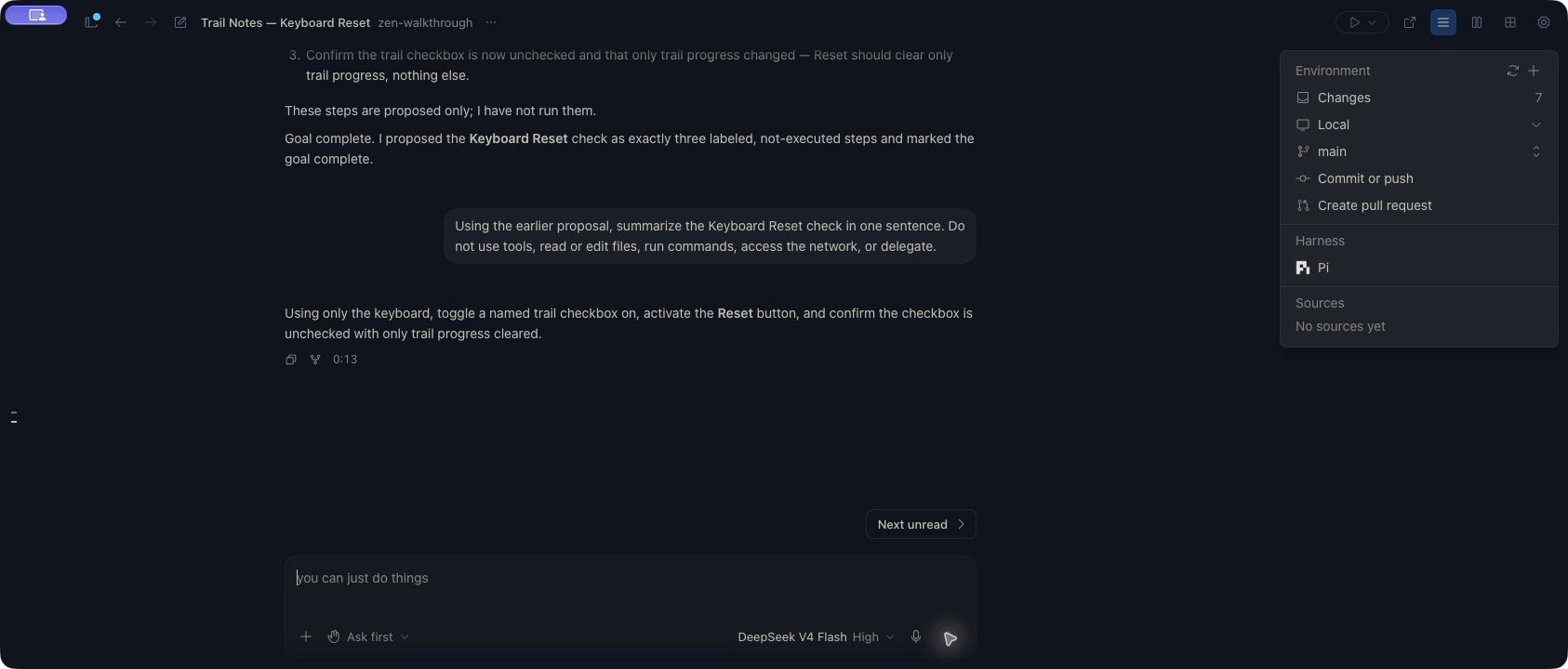 Trail Notes — Keyboard Reset is open in Zen after restoration. A follow-up asks for a one-sentence summary of the earlier keyboard Reset proposal, and the completed response appears above the idle composer.