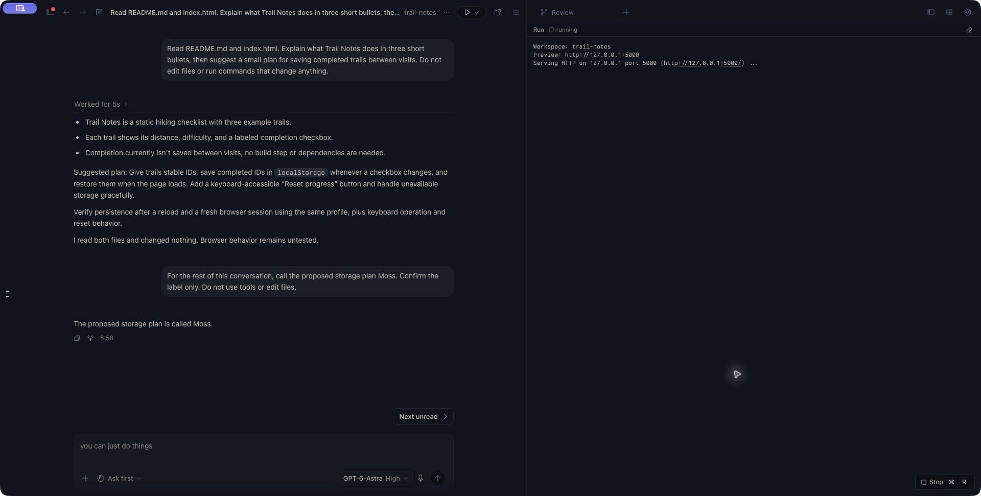 Full Zen workspace with the Trail Notes conversation, live Run output, and Stop at the bottom right.