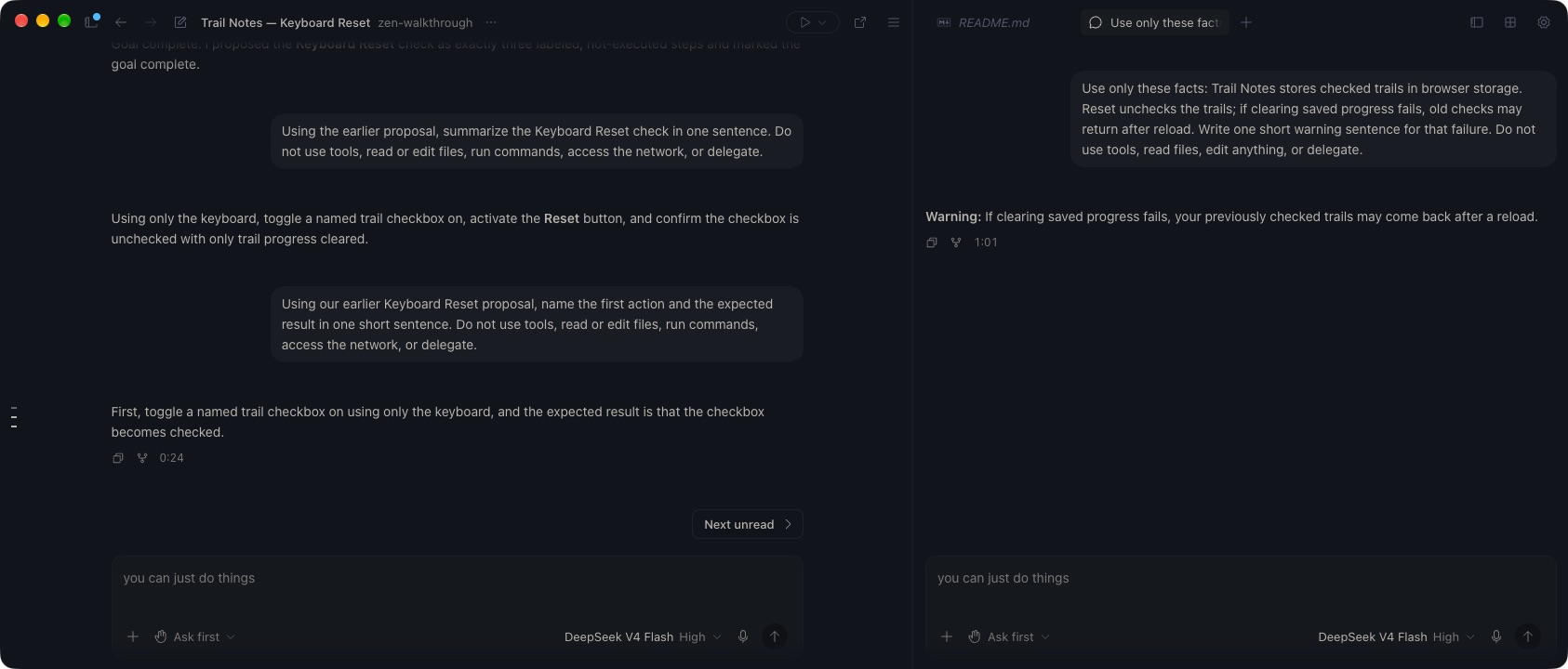 Zen shows the main Trail Notes conversation on the left and a completed Side Chat warning on the right: previously checked trails may return after reload if clearing saved progress fails.