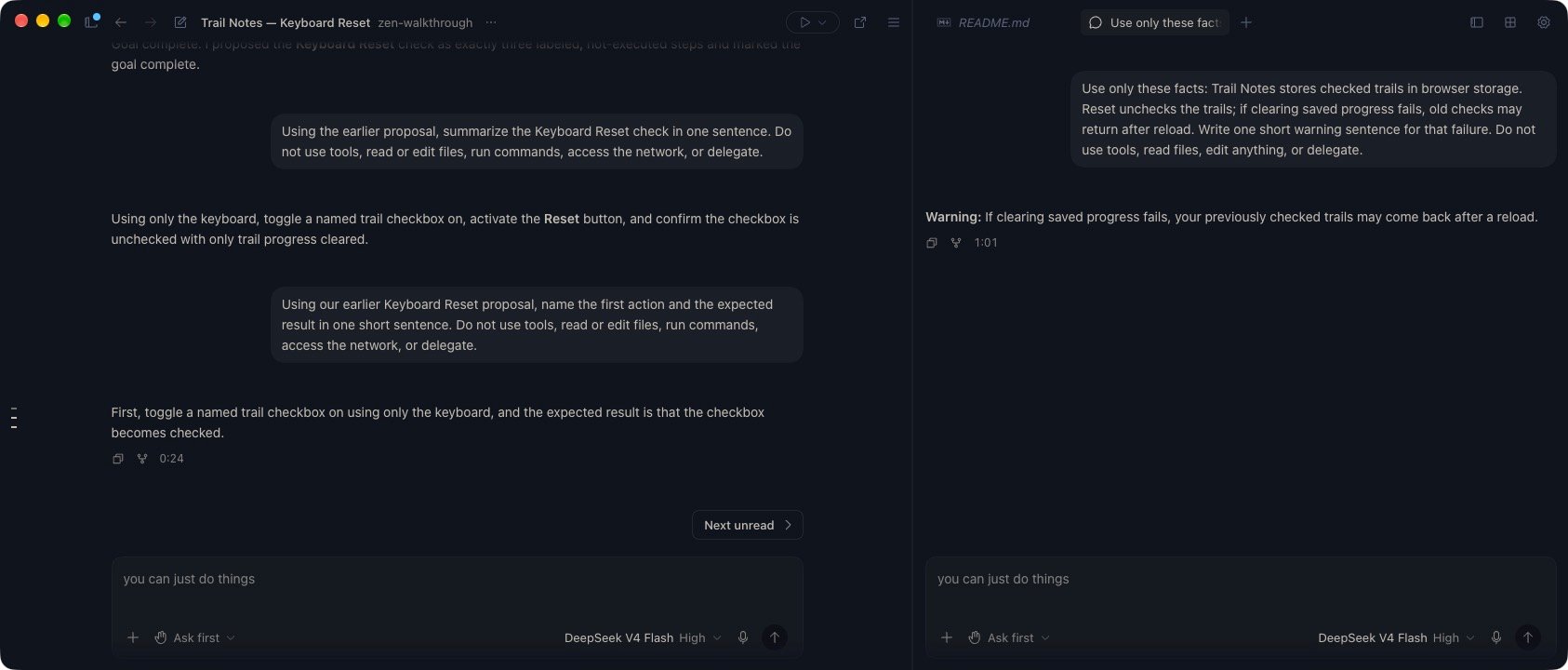 Zen shows the main Trail Notes conversation on the left and a completed Side Chat warning on the right: previously checked trails may return after reload if clearing saved progress fails.