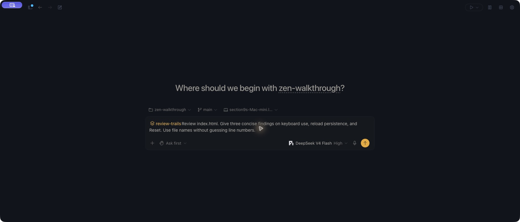 An unsent Zen draft combines the review-trails skill chip with a request to review index.html for keyboard use, reload persistence, and Reset. Pi and DeepSeek V4 Flash are selected with Ask first permissions.