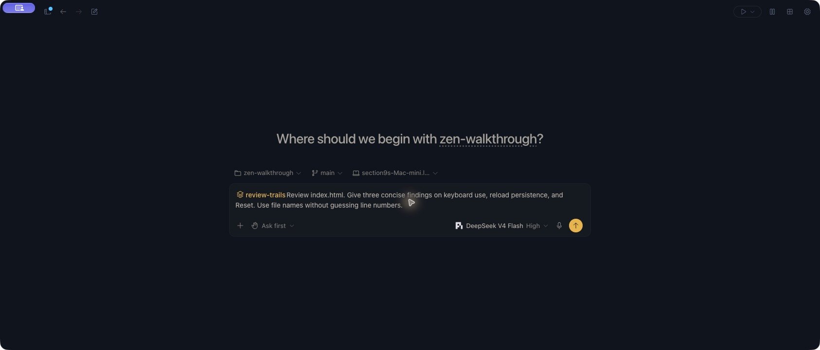 An unsent Zen draft combines the review-trails skill chip with a request to review index.html for keyboard use, reload persistence, and Reset. Pi and DeepSeek V4 Flash are selected with Ask first permissions.