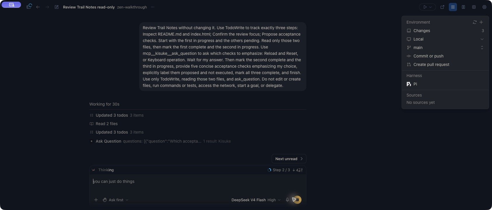A read-only Trail Notes review in Zen shows two checklist updates, Read 2 files, an answered question, and Step 2 / 3 above the composer. The environment identifies Pi as the harness.