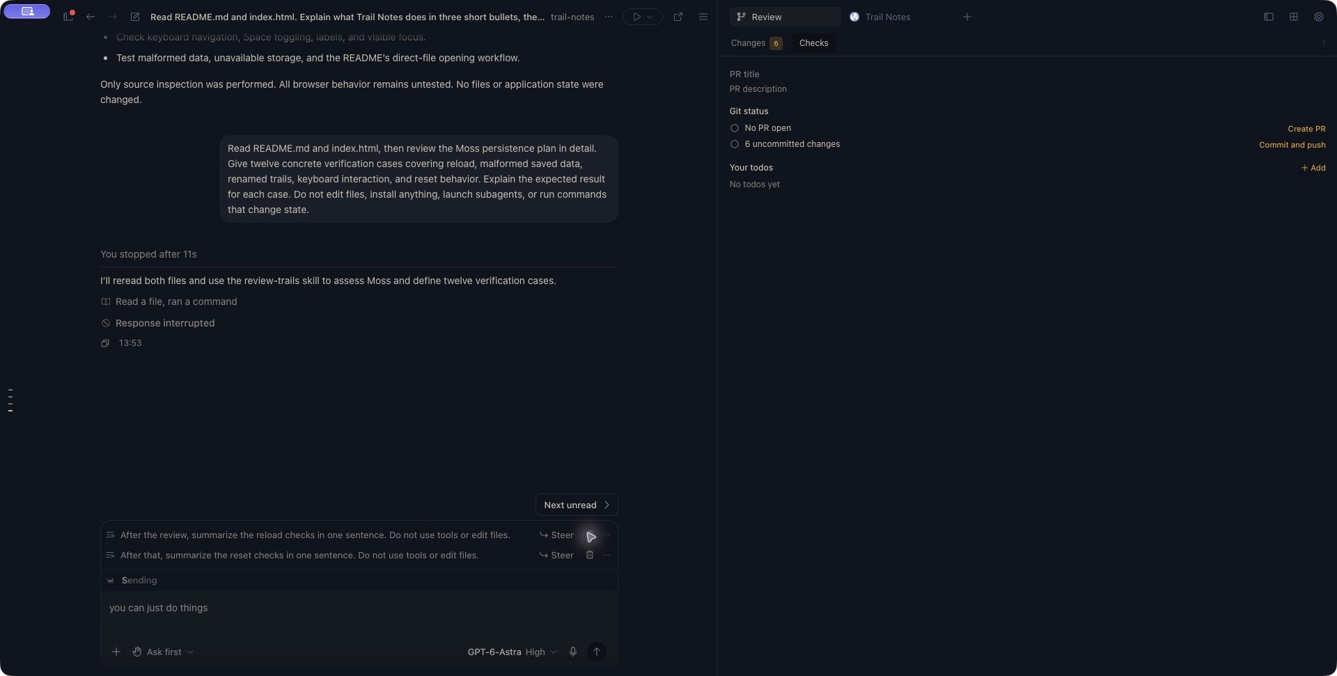Full Zen workspace displaying You stopped after 11s and Response interrupted, with two retained follow-ups above the empty composer and Review on the right.