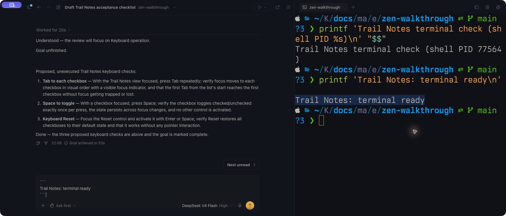 Zen shows the selected Trail Notes terminal output on the right and the same line inside an unsent code block in the conversation composer on the left.