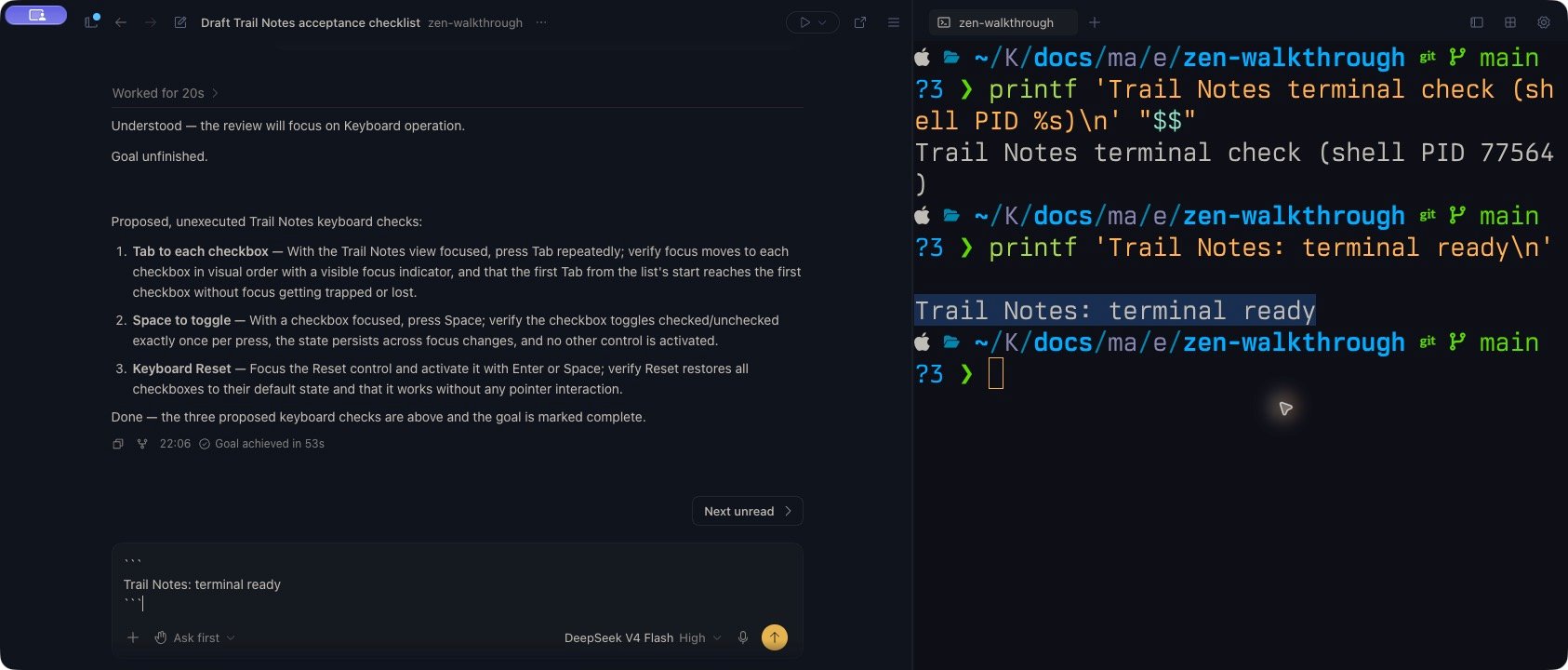Zen shows the selected Trail Notes terminal output on the right and the same line inside an unsent code block in the conversation composer on the left.