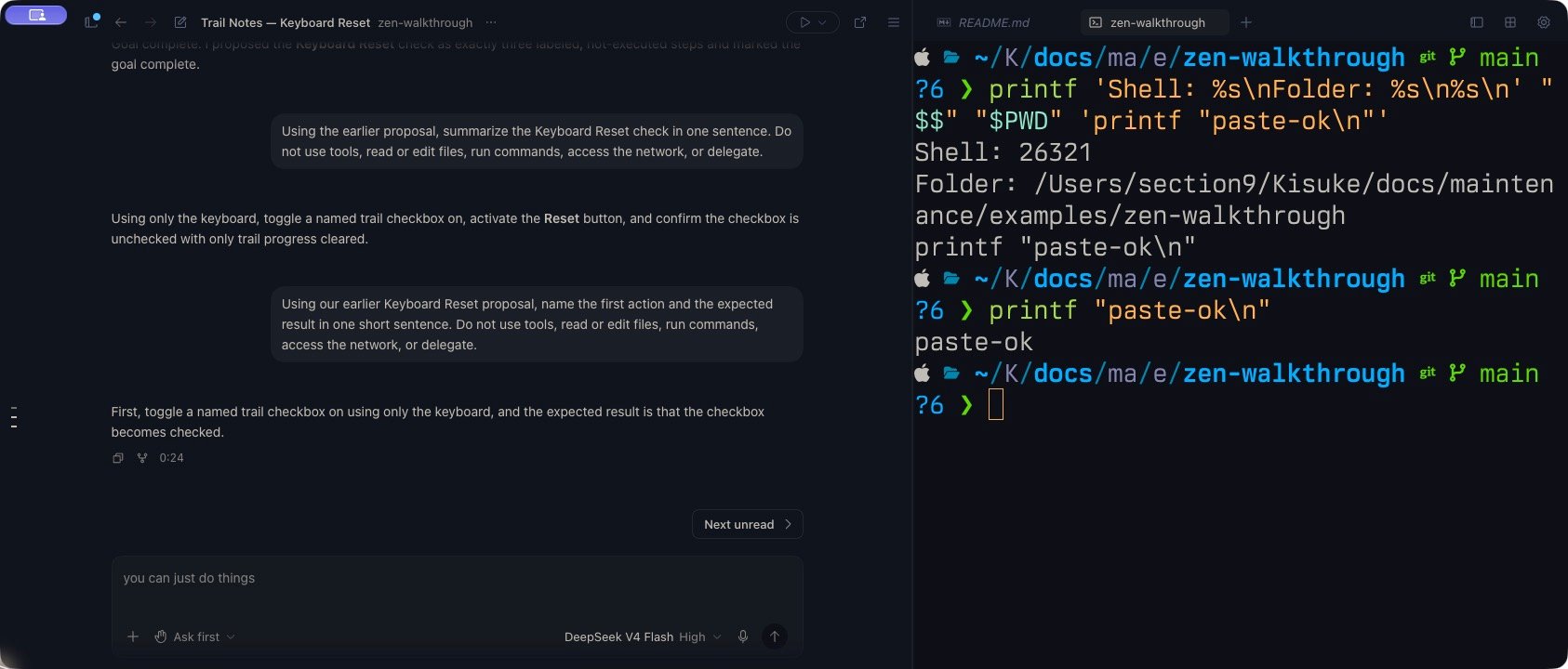The Trail Notes conversation has an empty composer on the left; the terminal on the right shows the project directory and the completed pasted command.