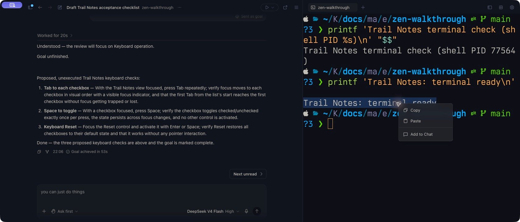 The terminal context menu offers Copy, Paste, and Add to Chat.