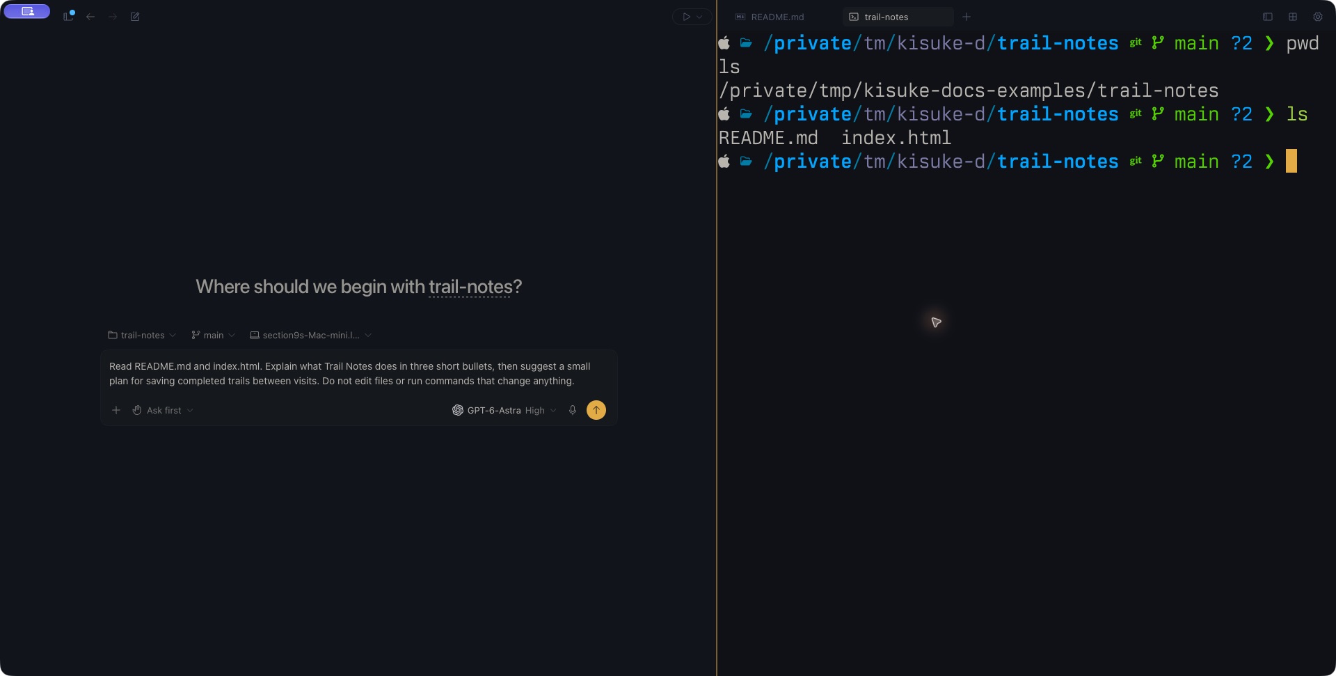 Kisuke terminal showing the Trail Notes working directory and README.md and index.html files beside the conversation composer.