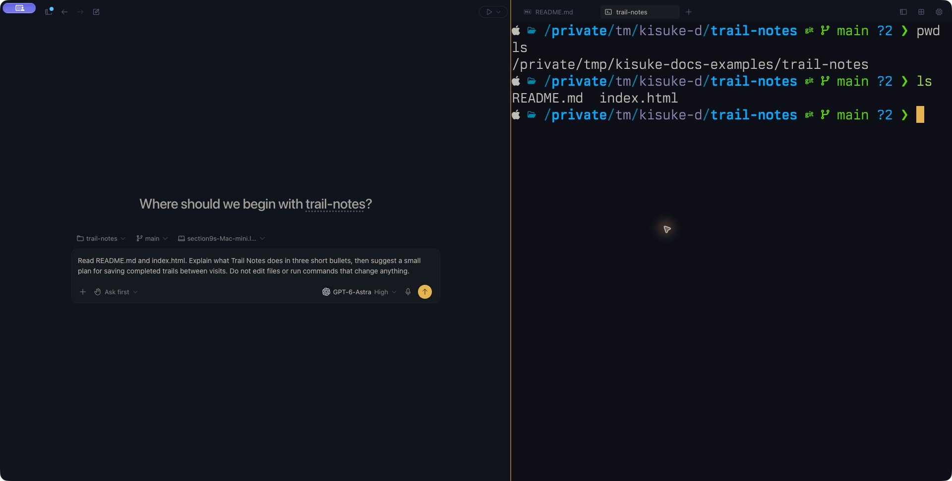 Kisuke terminal showing the Trail Notes working directory and README.md and index.html files beside the conversation composer.