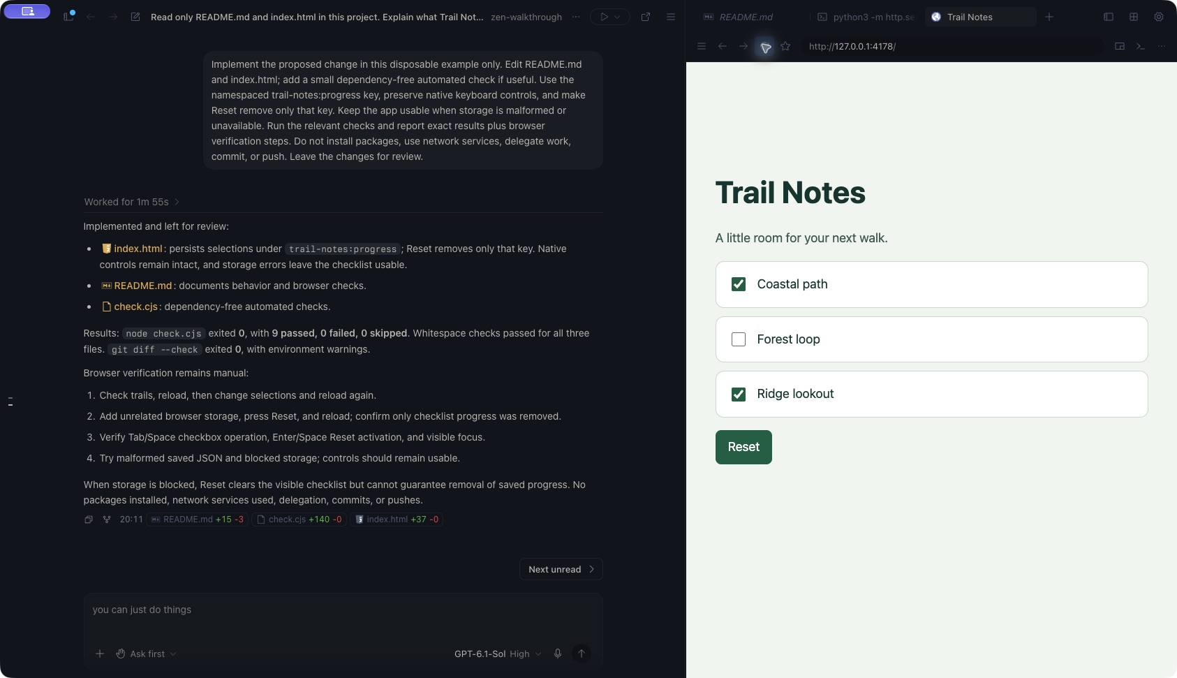 A completed implementation response in Zen beside the Trail Notes browser preview, with two checked trails and a Reset button. Files and Terminal are available in neighboring panel tabs.