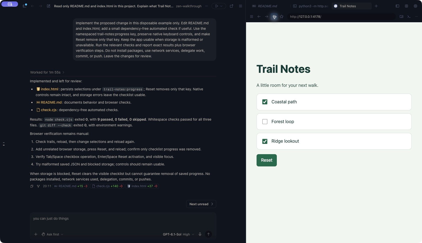 A completed implementation response in Zen beside the Trail Notes browser preview, with two checked trails and a Reset button. Files and Terminal are available in neighboring panel tabs.