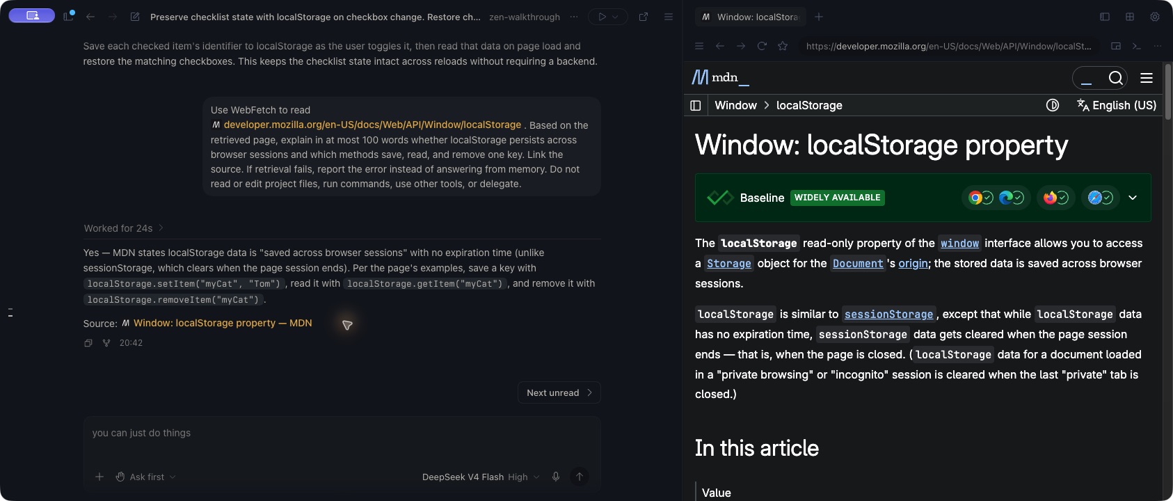 Zen conversation with a completed, cited localStorage explanation on the left and the matching MDN localStorage reference loaded in Browser on the right.