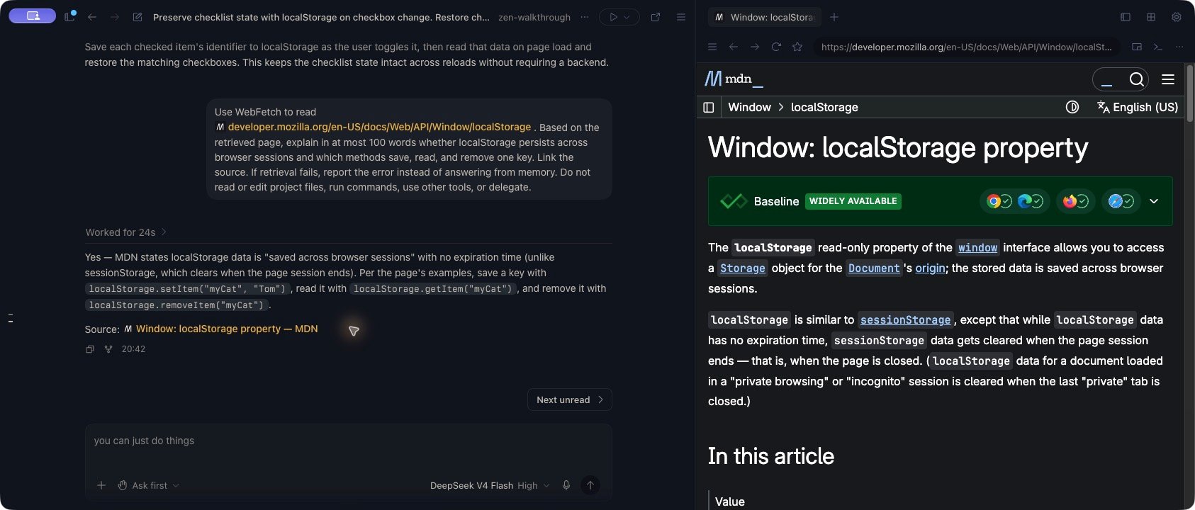 Zen conversation with a completed, cited localStorage explanation on the left and the matching MDN localStorage reference loaded in Browser on the right.