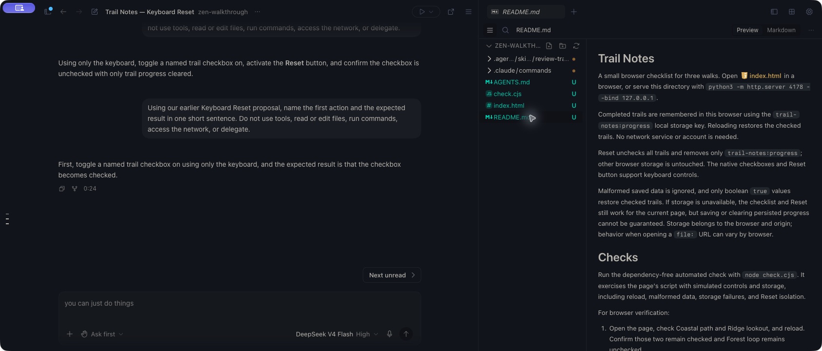 Trail Notes — Keyboard Reset remains open in Zen with a completed keyboard-check follow-up, an empty DeepSeek V4 Flash composer, and the README in the Files panel.