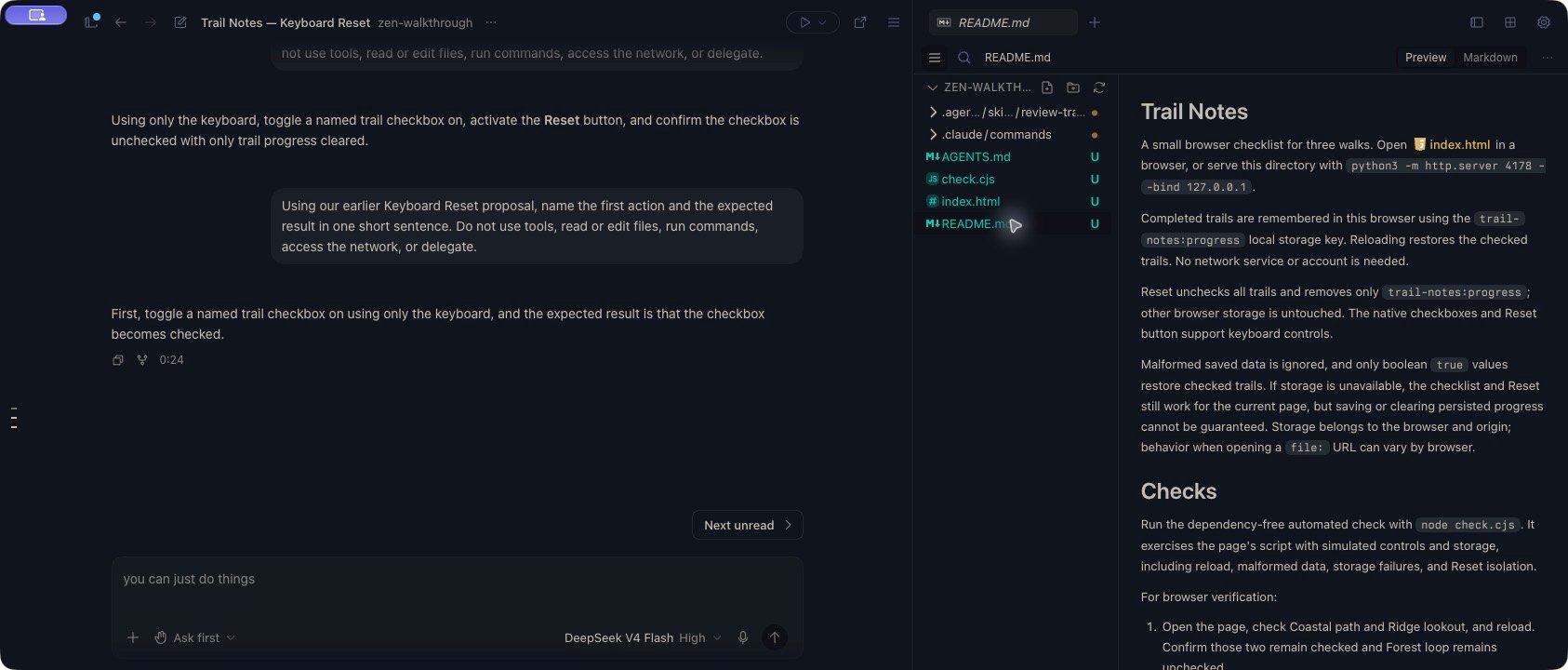 Trail Notes — Keyboard Reset remains open in Zen with a completed keyboard-check follow-up, an empty DeepSeek V4 Flash composer, and the README in the Files panel.